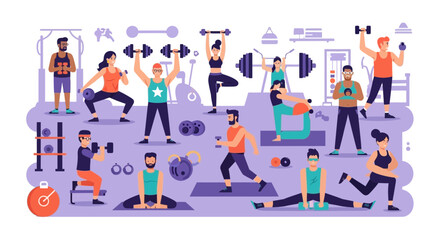 Diverse group of people exercising and training at the gym fitness center illustration