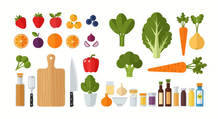 Colorful assortment of fresh vegetables and fruits with cooking utensils illustration