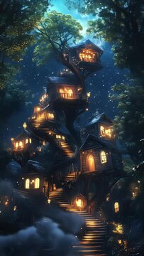 whimsical treehouse village with warm orange lights in a blue night forest