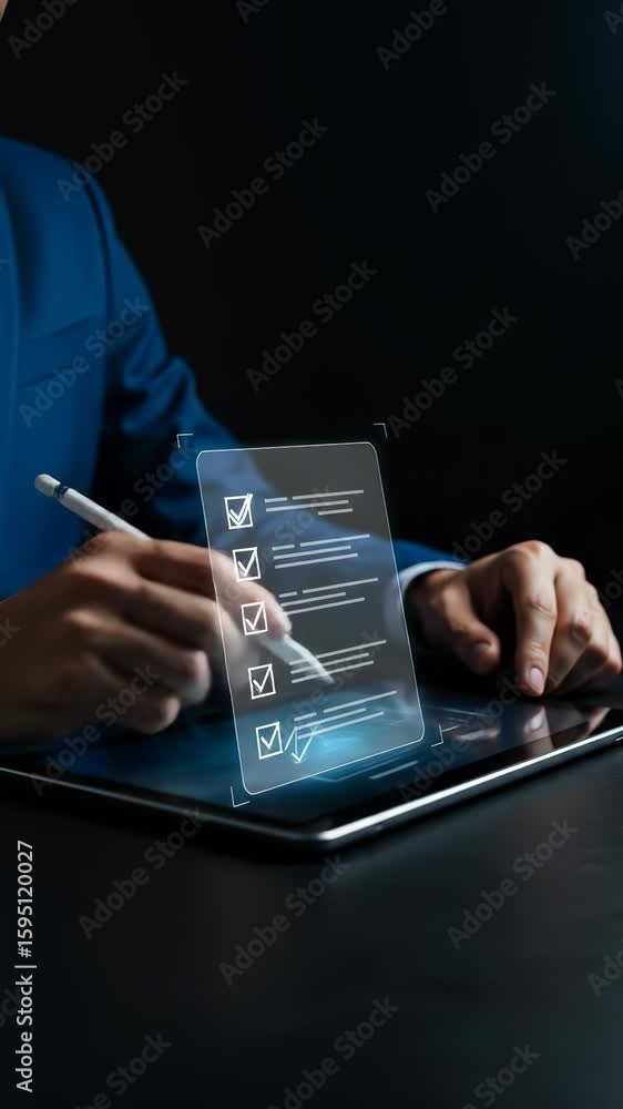 Poster digital checklist: professional adult in blue suit marks a task as complete on a holographic to-do l
