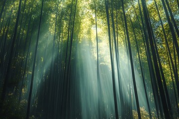 Sunlight streams through the tall bamboo stalks, creating an ethereal and tranquil forest atmosphere