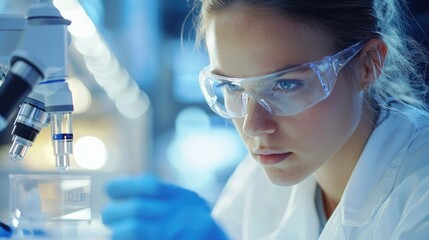 A female scientist wearing protective glasses and a lab coat, examining a sample under a microscope in a laboratory setting.