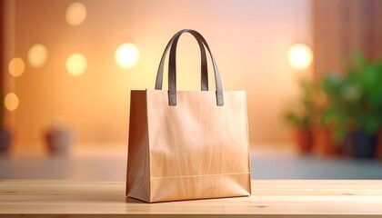 Paper Shopping Bag on Wooden Table Against Blurred Background