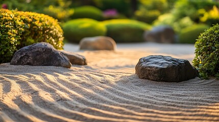 Textured sand with rocks and green shrubs creates a serene and peaceful zen garden scene