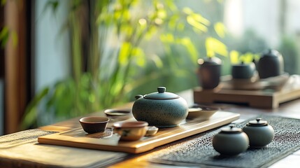 Tea set with teapot and cups sits serenely on a wooden tray against blurred greens