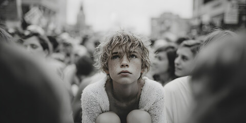 Solitary Contemplation Amidst the Crowd: A solitary person sits pensively amidst a bustling crowd, their gaze fixed upwards, evoking a mood of introspection in a monochrome landscape.