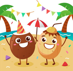 Smiling coconut characters with beach background, sun, and festive confetti.
