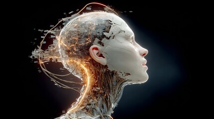 Futuristic female humanoid profile with intricate circuitry and glowing elements