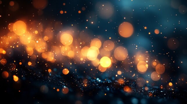 Abstract glowing bokeh lights in warm orange and cool blue tones on dark background, creating a festive and dreamy atmosphere.