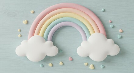 Rainbow and Clouds Pastel Decoration on Light Blue Background
