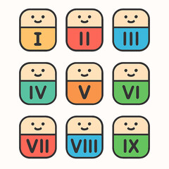Cute Roman numeral icons featuring numbers I through IX in colorful segments
