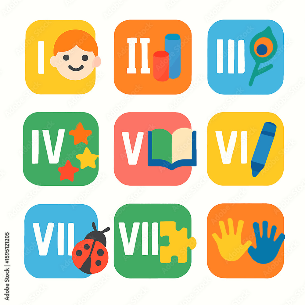 Poster set of colorful icons representing learning and childhood development stages.