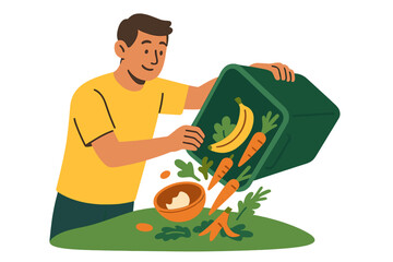 A male character creates and maintains a compost pile, utilizing organic waste for domestic composting, and participates in garbage collection, sorting, and waste recycling, as depicted on a banner