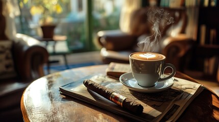A steaming cup of coffee sits on a wooden table next to a cigar and newspapers in a cozy, sunlit living room.