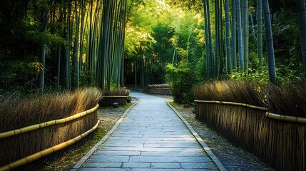 The stone path winds through a lush bamboo forest under a bright, sunny sky