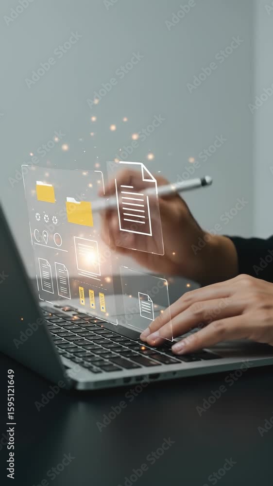 Poster document management with digital transformation: a business professional using a laptop navigates fi