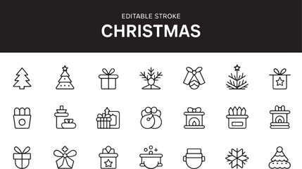 Thin Line Vector Icon Set. Pixel Perfect. Set contains such icons as Reindeer, Sleigh Bells, Antlers, Snowball, Ice Skates, Pine Tree