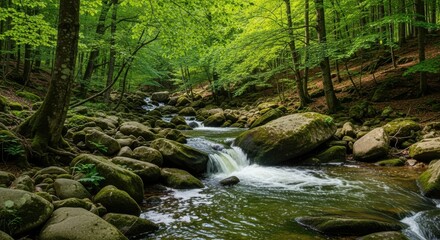 Idyllic forest stream cascades over moss covered rocks in lush green woods