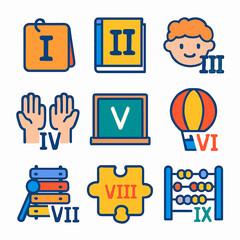 Childhood learning icons Roman numerals showing educational progression and play