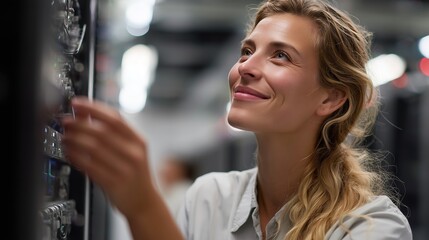 Woman adjusting equipment in a server room during a technology project at a corporate office