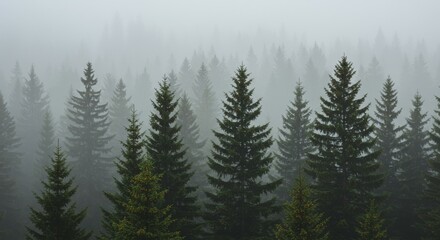 Fototapeta premium Pine Tree Forest in Foggy Weather Serene Nature Landscape
