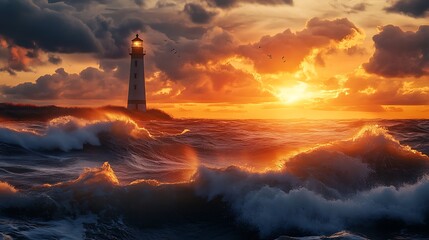 Towering white lighthouse illuminates the stormy ocean waves during a beautiful sunset over the sea