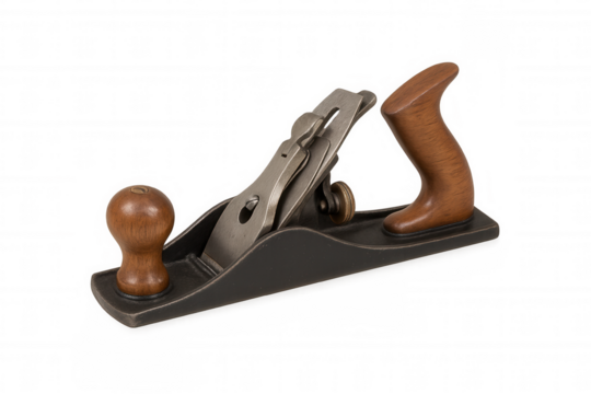 Woodworking hand plane with wooden handles on white background  