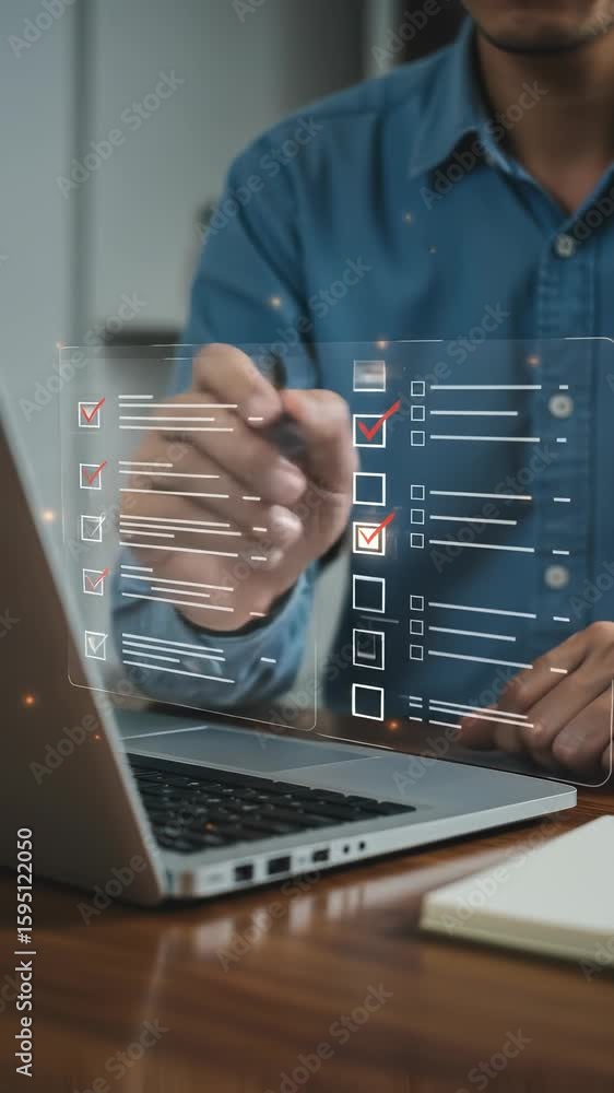 Poster task management with modern tech: millennial man digitally completing checklist on laptop