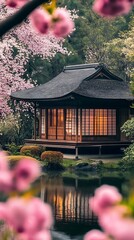 Traditional Japanese tea house reflects beautifully in the pond, surrounded by cherry blossoms in vibrant colors