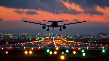 Airplane Landing at Dusk: A Stunning View of the Runway Lights and Aircraft Silhouette
