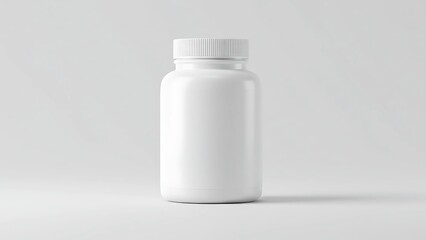 Clean white pharmaceutical pill bottle with ribbed cap isolated on a light gray studio background, representing health and wellness products.