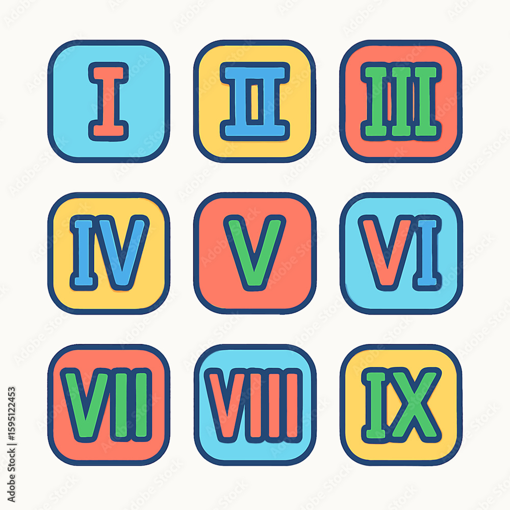 Poster colorful roman numerals 1 through 9 displayed in rounded squares on a white background