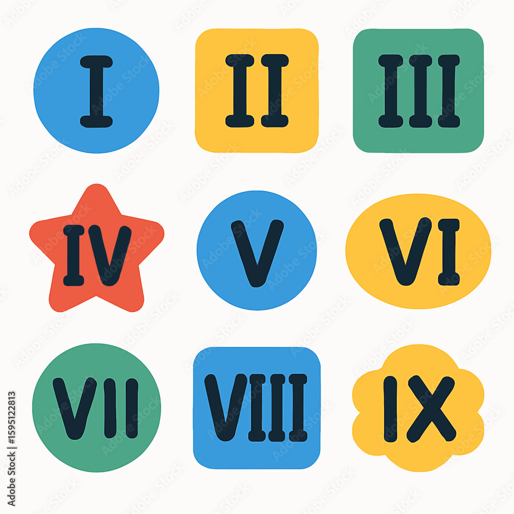 Poster collection of roman numerals from i to ix on colorful shapes with rounded corners
