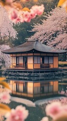 Tranquil spring features Japanese teahouse surrounded by blooming cherry blossoms reflected in peaceful water