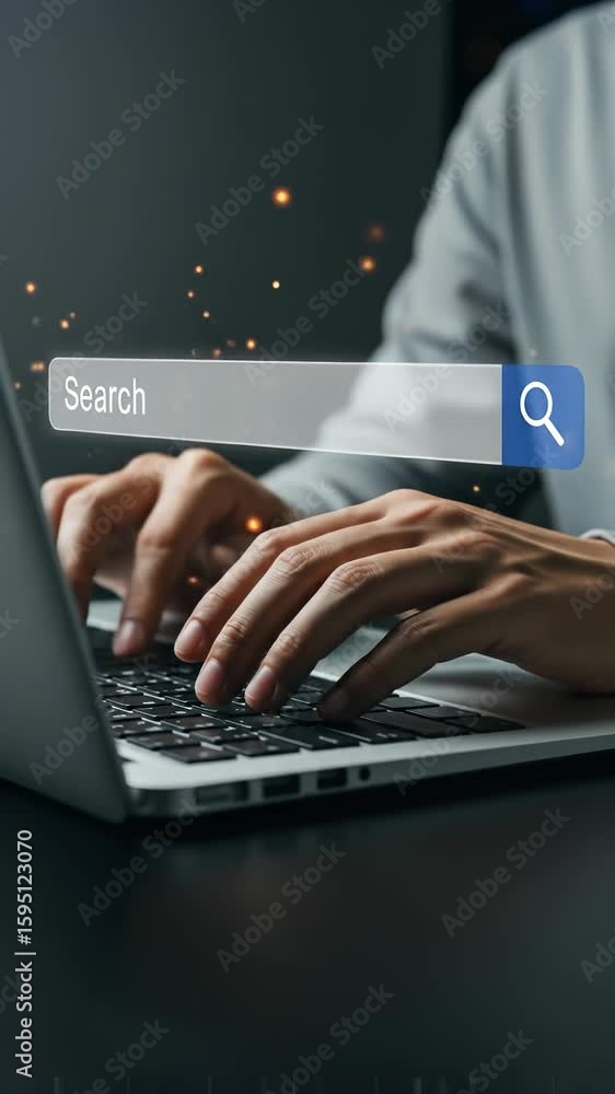 Aufkleber online searching: man in his 30s typing on laptop with virtual search bar and sparkling digital over