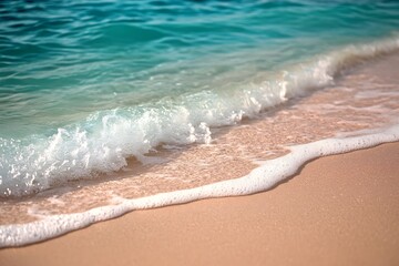 Turquoise ocean water rushes onto the tan sand, creating white foam on the peaceful shore