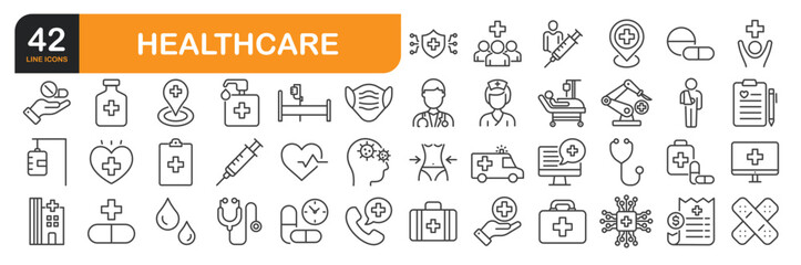 Set of line icons related to Healthcare, medical, pharmacy, vaccine, stethoscope and more. Outline icons collection. Editable stroke. Vector illustration.