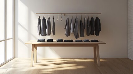 Various gray garments hang above folded apparel on the wooden table within a sunlit room