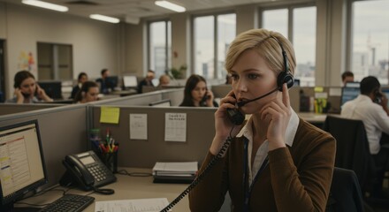 Focused Businesswoman Wearing Headset Working in Open Office Environment