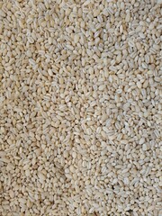 Close-up image of raw wheat grains, showing natural texture and beige color. Ideal for food, agriculture, or grain industry themes.