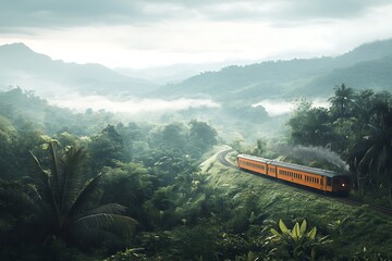 Vintage orange train chugs along a mountainside track through a lush, green tropical forest