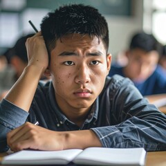 young male student looking unhappy or bored