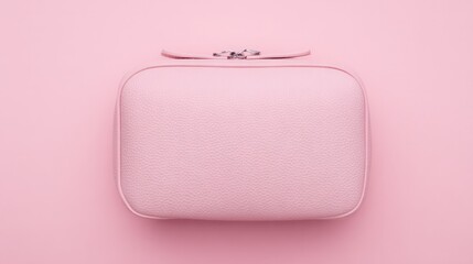 Pink cosmetic bag on soft pink background, flat lay with ample copy space.