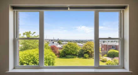 Scenic garden view through large window overlooking suburban neighborhood © photoplotnikov