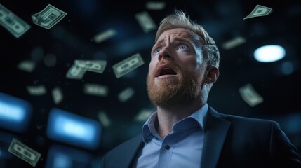 Caucasian male adult experiencing shock as money falls from above