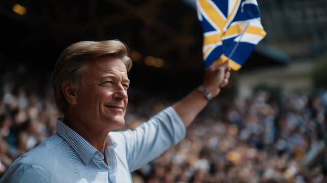 Proud Spectator Waving Union Jack Flag at Energetic Gathering