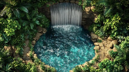 Water cascades into a clear pool framed by vibrant tropical plants and weathered rock formations