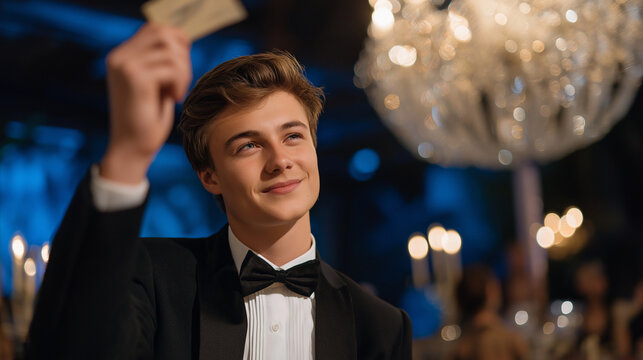 Charity auction participant with paddle and chandeliers
