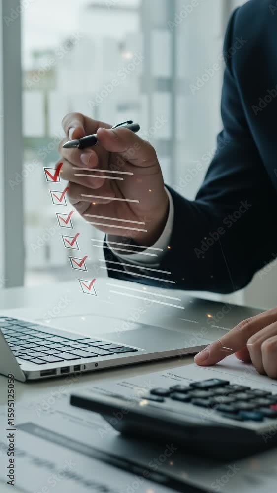 Aufkleber audit checklist: businessman verifying financial document accuracy with laptop and calculator in mod