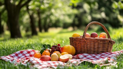 Woven basket of fruit rests on a red checkered blanket outside in the park